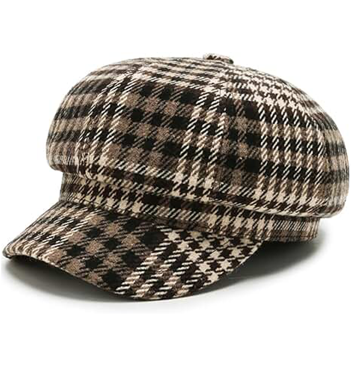 brown white and black plaid beret